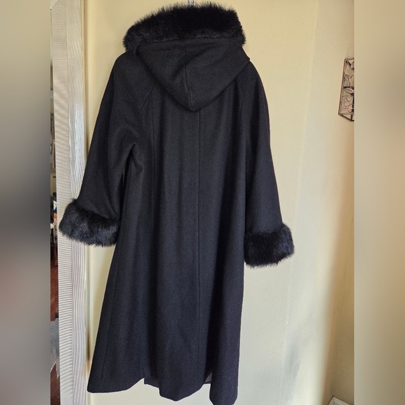Vintage Black 100% Wool Penny Lane Style Faux Fur Coat Old Money Glamorous - Picture 7 of 9